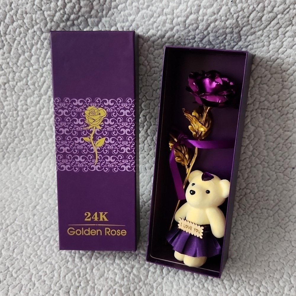 Vintage 90's 24K purple long stem rose, and I love You tiny teddy bear Romantic